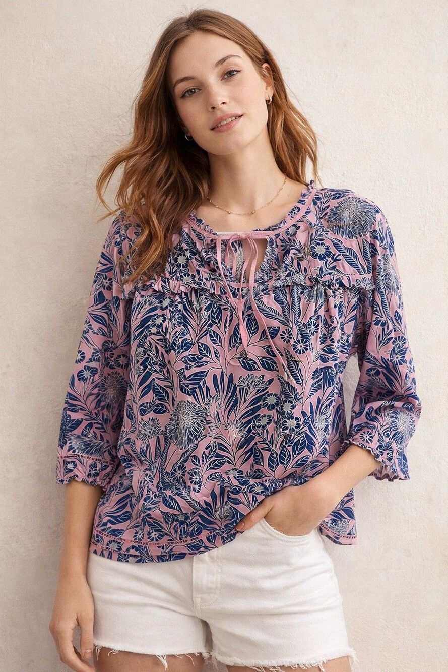 Abigail Borg J.Crew Floral Cotton Silk Boho Peasant Blouse S Cottagecore Light